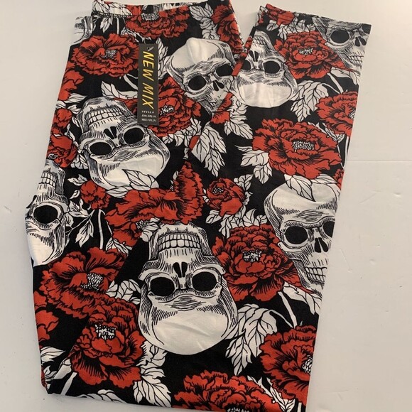 New Mix Pants - X-Plus Size Buttery Soft Black White and Red Flower Sugar Skull Leggings.